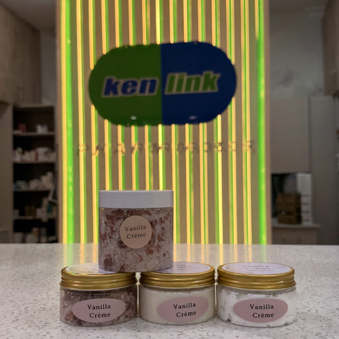 We Care Vanilla Crème body butter, scrub and bath salts at our Kenlink branch